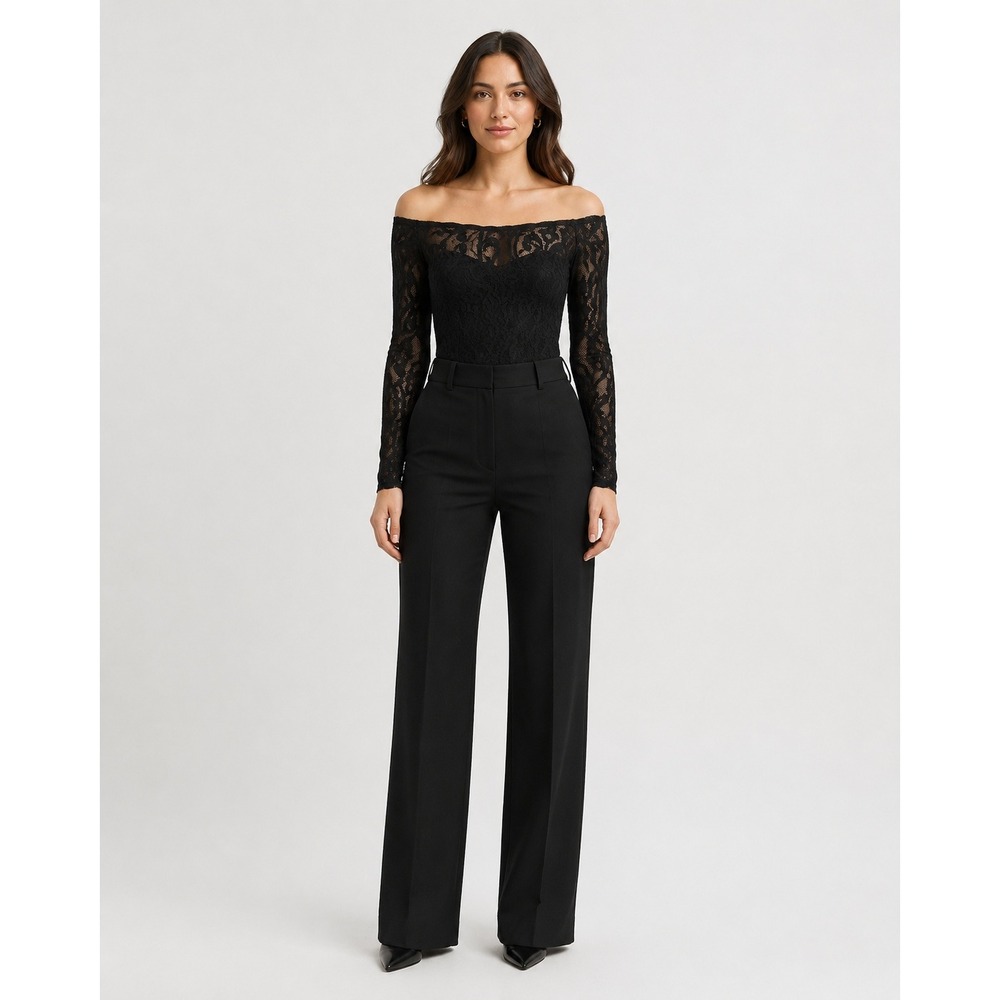 UK2LA Black Lace Off-Shoulder Bodysuit Small Long Sleeve Floral Sheer Night Out